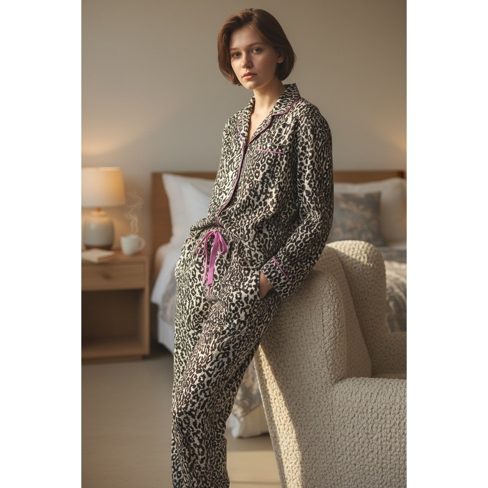 Nick & Nora Pajama Set Women M‎ Leopard Print Flannel Pajama Pink Trim Cotton